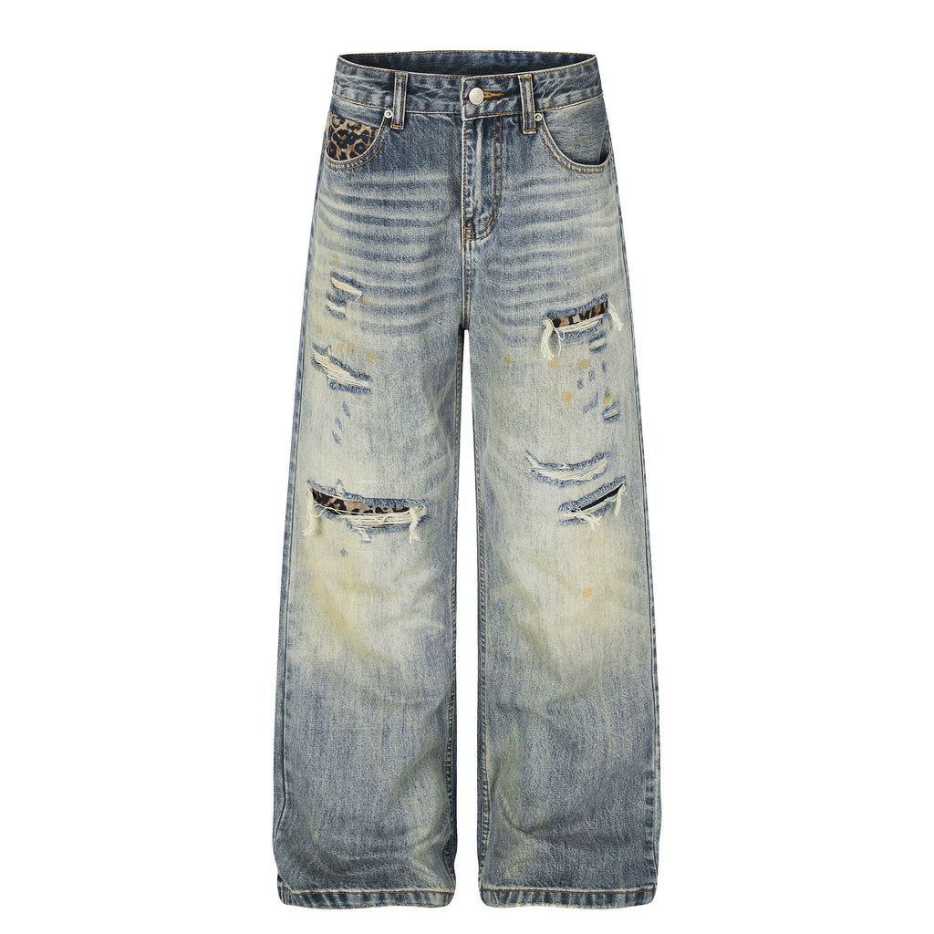 MADWITCH LEOPARD-POCKET DISTRESSED WIDE-LEG JEANS #G60073