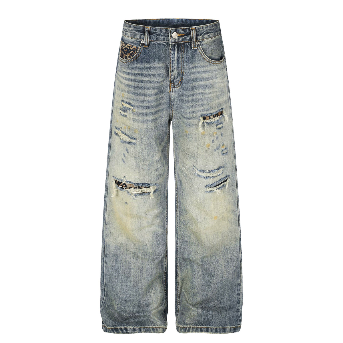 MADWITCH LEOPARD-POCKET DISTRESSED WIDE-LEG JEANS #G60073