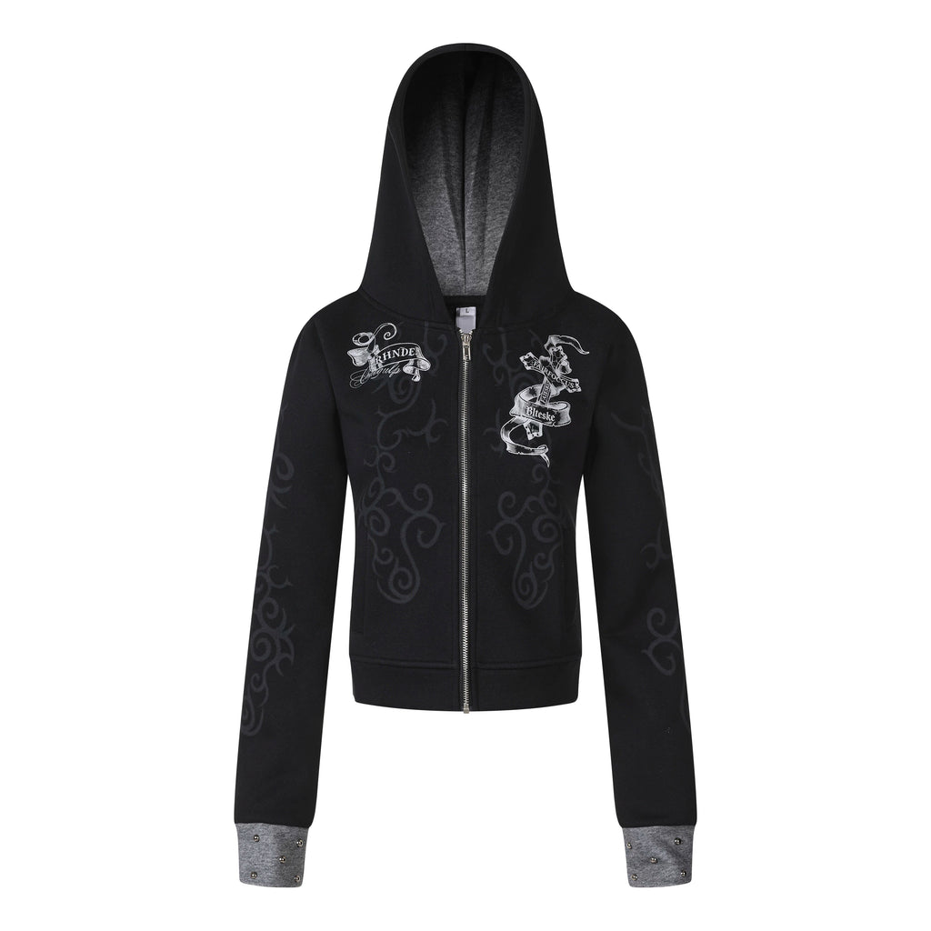 MADWITCH STUDDED SCROLL-PRINT HOODIE CARDIGAN #L2026544