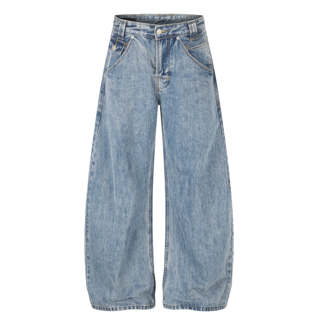 MADWITCH CINCH-BACK LIGHT-WASH CURVED-LEG JEANS #G60081