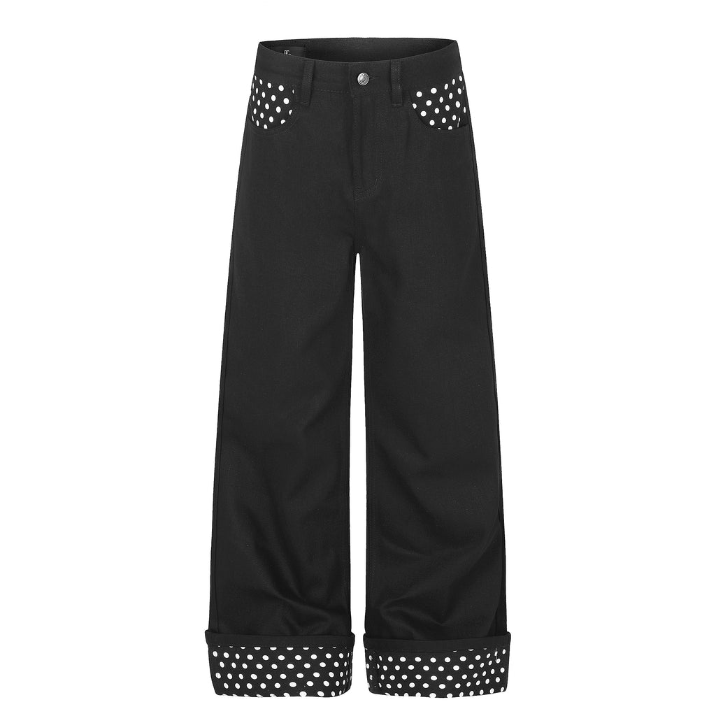 MADWITCH POLKA-DOT PATCHWORK CUFFED WIDE-LEG JEANS #G60087