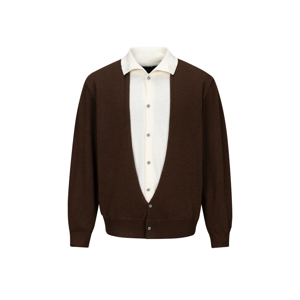 MADWITCH LAYERED SHIRT-COLLAR CONTRAST-PLACKET KNIT CARDIGAN #UTU085